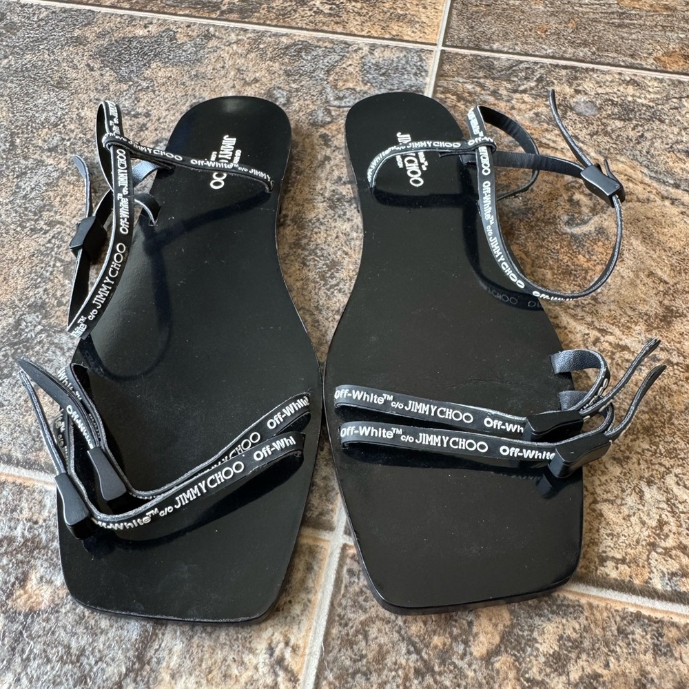 Authentic Jimmy Choo X Off-White Charlie Flat Sandals- Black White, Women’s 36/6